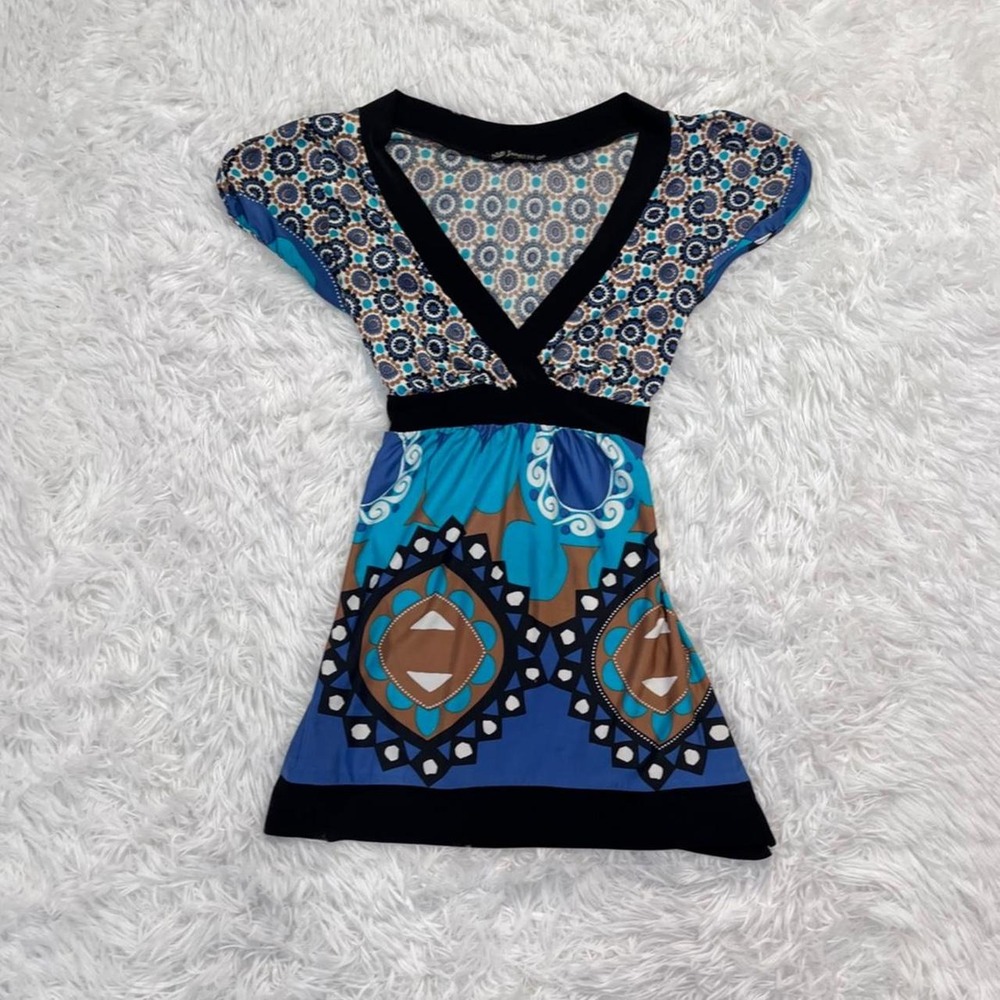 y2k blue geometric floral artsy print baby doll tie top small